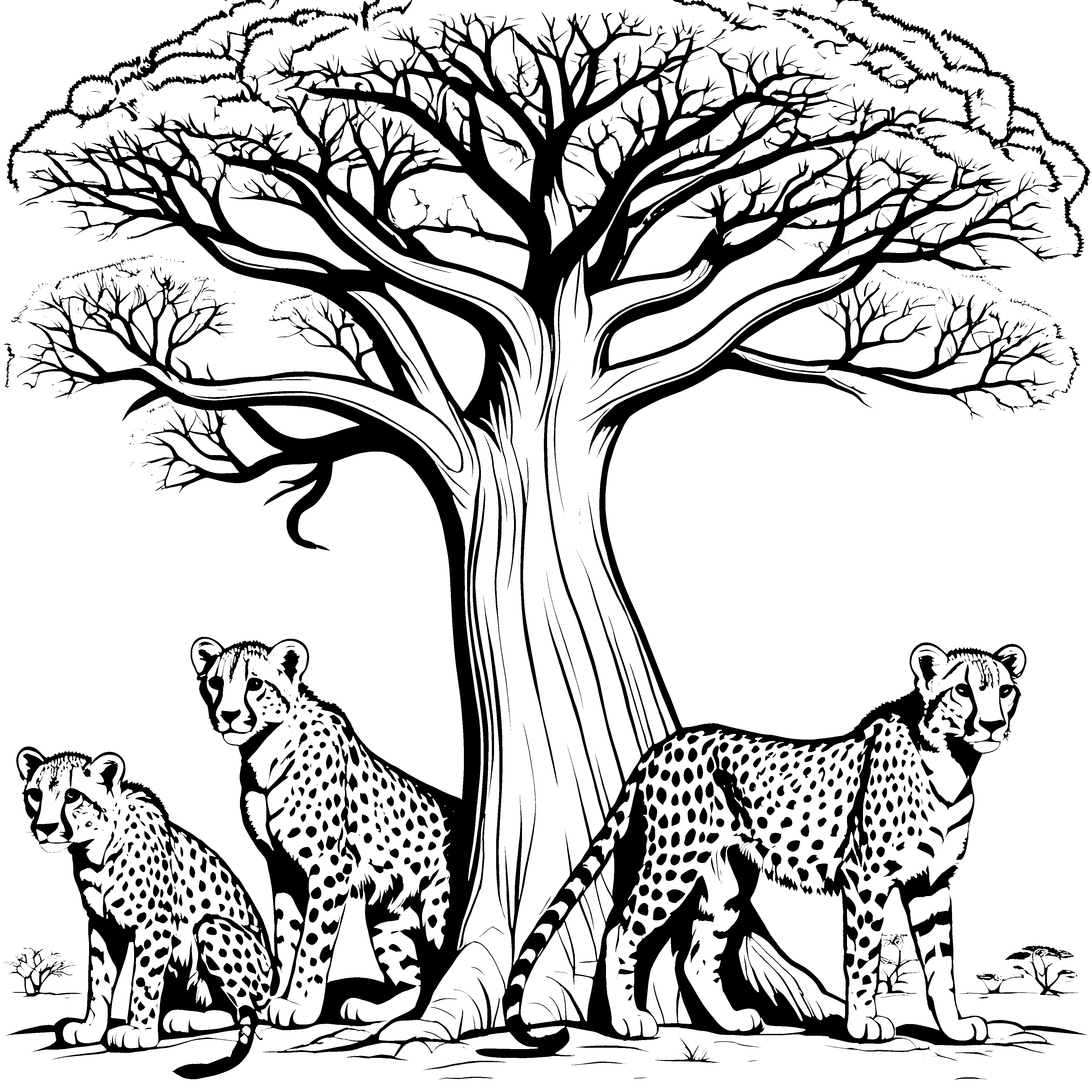 Verspielte Geparden-Jungtiere unter schattenspendendem Baum Ausmalvorlage für kleine Tierentdecker