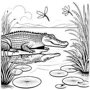 Kreatives Krokodil mit schimmerndem Wasserpolster Ausmalbild für neugierige Naturentdecker