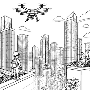 Futuristische Stadtlandschaft mit fliegendem Drachen Ausmalbild für kleine Entdecker