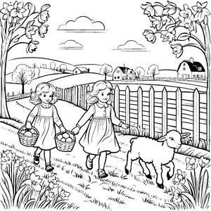 Zwei fröhliche Kinder mit einem Lamm auf dem Land Ausmalbild für abenteuerliche Naturfreunde