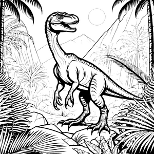 Furchtloser Velociraptor in tropischer Landschaft Ausmalbild für abenteuerliche Entdecker