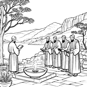 Inspirierende babylonische Priester am heiligen Feuer Ausmalvorlage für kreative Entdecker