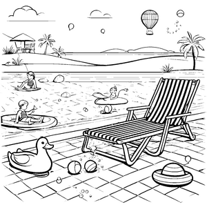 Entspanntes Strandliegen mit fröhlichen Wasserspielen Ausmalmotiv für kleine Sonnenanbeter