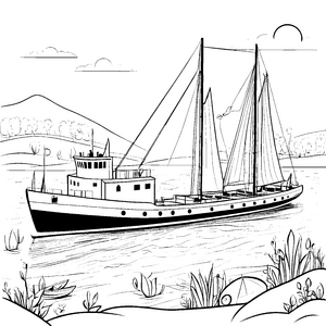 Abenteuerliches Schiff auf glitzerndem Wasser Ausmalbild für kleine Entdecker