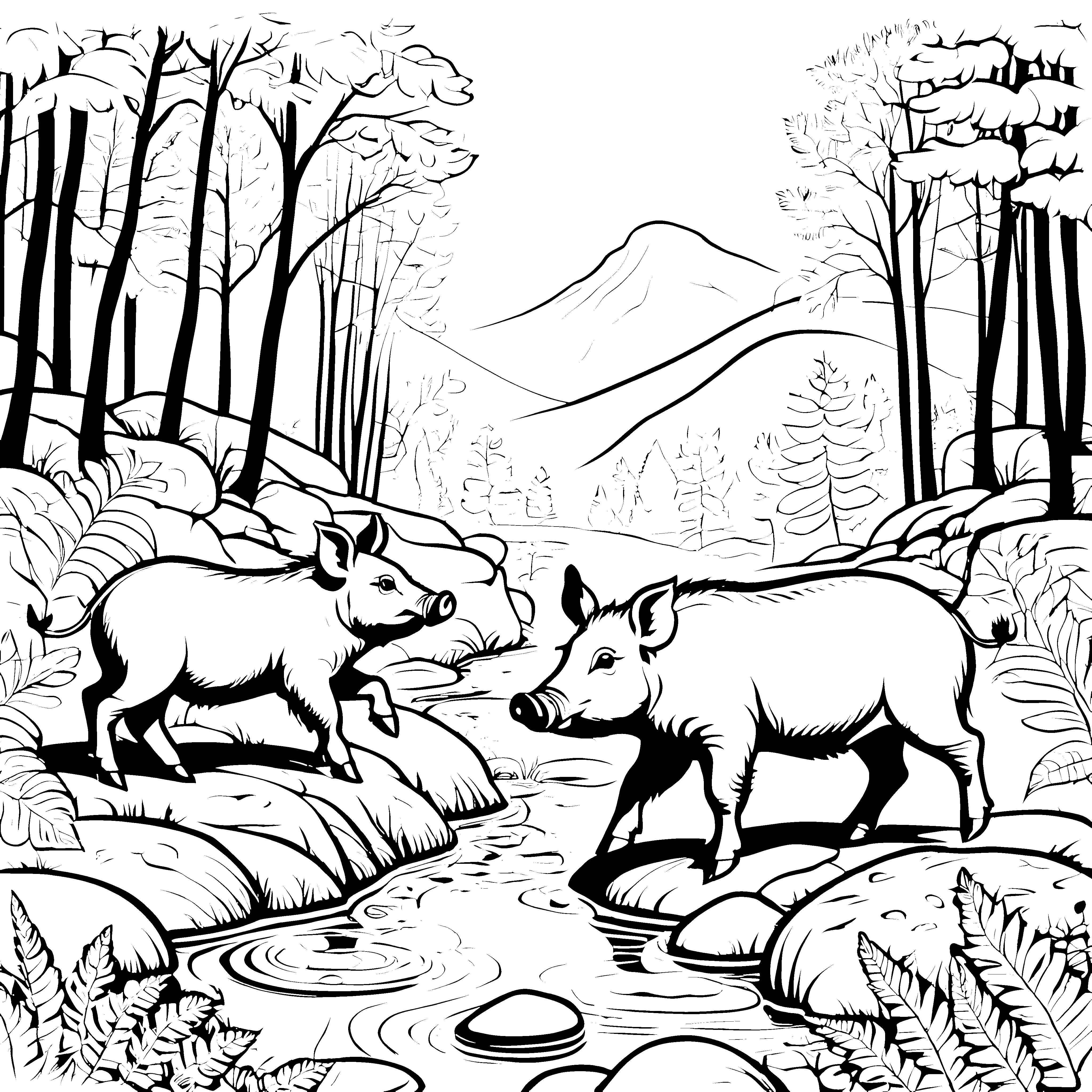 Verspielte Wildschwein-Babys am plätschernden Fluss Ausmalvorlage für neugierige Waldentdecker