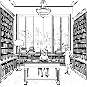 Wissbegierige Bibliothekarinnen im inspirierenden Leseraum Ausmalvorlage für kleine Wissensjäger