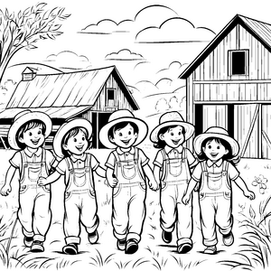 Verspielte Kinder beim Bummel über den Bauernhof Ausmalvorlage für fröhliche Landliebhaber