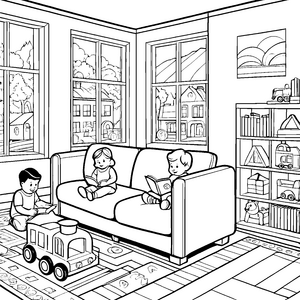Gemütliches Dreisitzer-Sofa mit spielenden Kindern Ausmalbild für fröhliche Wohnzimmerkünstler