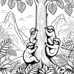 Verspielte Faultierbabys am Baum Ausmalmotiv für kleine Entdecker