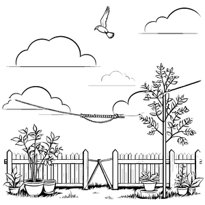 Lebendige Wäscheleine vor dem Gartenzaun Ausmalbild für kleine Naturfreunde