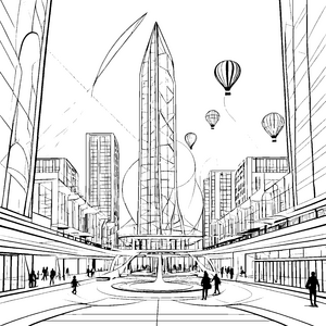 Futuristische Stadt mit schwebenden Ballons Ausmalmotiv für neugierige Zukunftsvisionäre