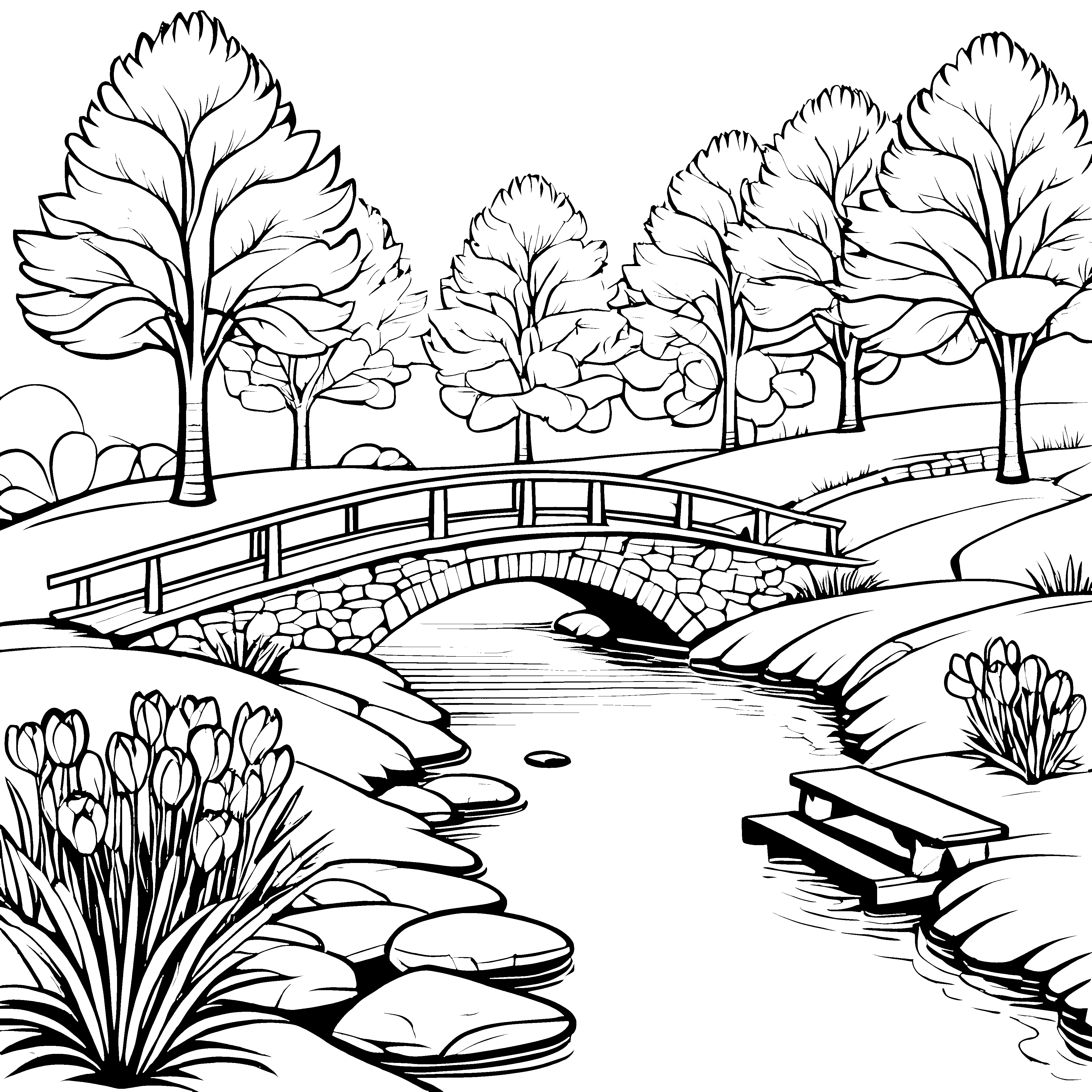 Fröhliche Krokusse am gemütlichen Teich Ausmalvorlage für neugierige Gartenfreunde