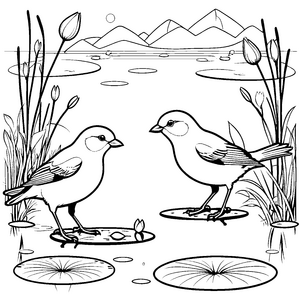 Romantische Vögel bei sprudelndem Wasser Ausmalbild für liebevolle Naturfreunde