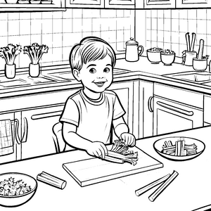 Kreativer Junge beim Zubereiten von frischem Sellerie Ausmalbild für kleine Küchenchefs