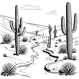 Zauberhafte Kakteenlandschaft mit plätscherndem Wasser Ausmalbild für große Entdecker