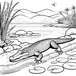 Kreatives Krokodil am ruhigen See Ausmalbild für begeisterte Naturentdecker