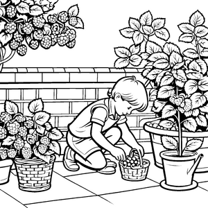 Fröhlicher Junge beim Himbeerernte-Abenteuer Ausmalvorlage für kleine Gartenfreunde