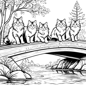 Fünf charmante Norwegische Waldkatzen auf der Brücke Ausmalbild für kreative Tierliebhaber