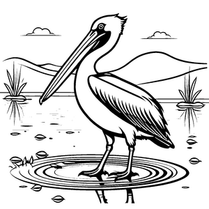 Eleganter Pelikan am ruhigen Wasser Ausmalvorlage für kleine Naturfreunde