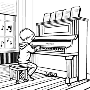 Kreatives Klavierkonzert mit fröhlichen Musiknoten Ausmalbild für kleine Klangentdecker