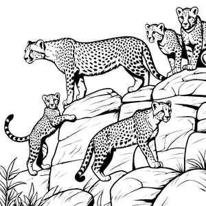 Verspielte Geparden-Jungtiere auf Felsen Ausmalvorlage für junge Tierfreunde