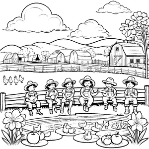 Verspielte Kinder beim Entspannen am Teich Ausmalmotiv für kleine Landliebhaber