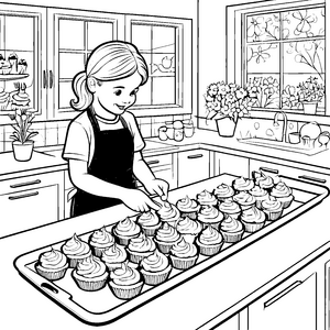 Bunte Cupcakes in der Küche Ausmalbild für kleine Backkünstler