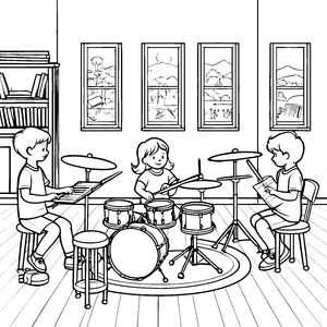 Drei fröhliche Kinder bei spannender Trommel-Session Ausmalbild für kleine Musikentdecker