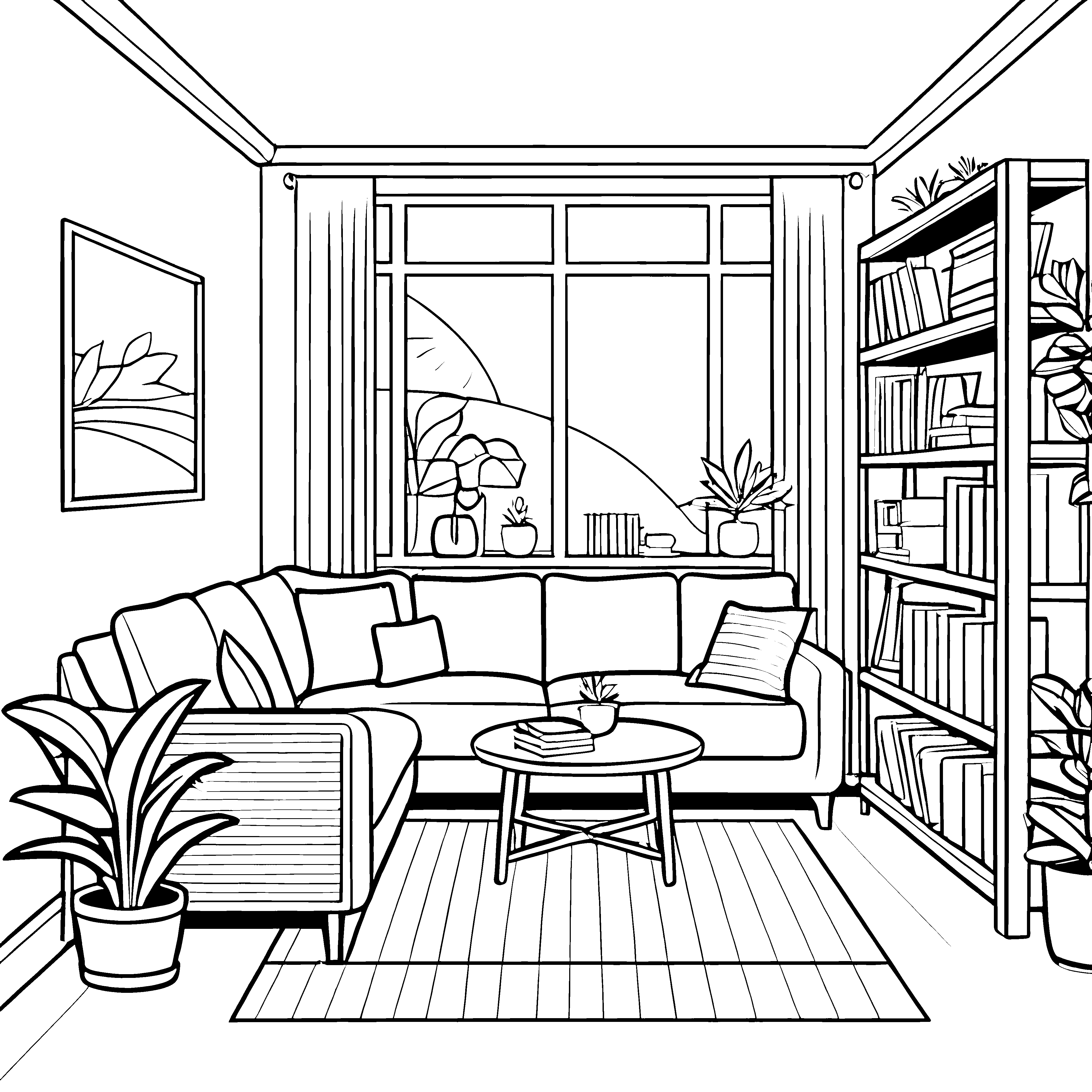 Bezauberndes Wohnzimmer mit gemütlichem Dreisitzer-Sofa Ausmalbild für kreative Gemütlichkeitsfans