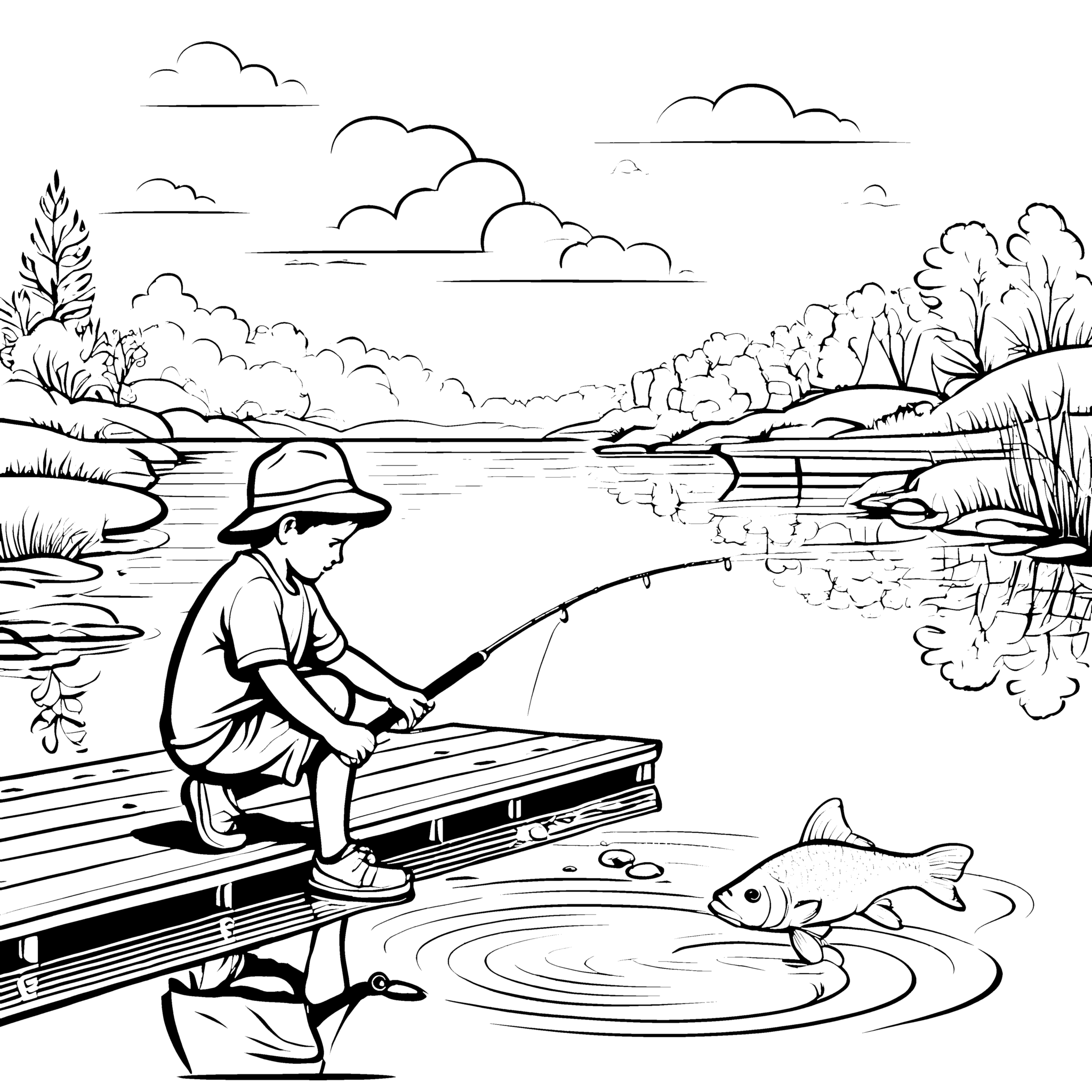 Angler auf der Holzplanke mit lebhaftem Fisch Ausmalbild für ...