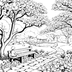 Gemütliche Gartenbank unter blühenden Bäumen Ausmalvorlage für kreative Naturliebhaber