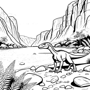 Abenteuerlicher Velociraptor am geheimnisvollen Fluss Ausmalmotiv für kleine Entdecker