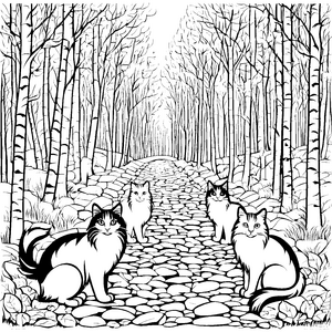Vier elegante Norwegische Waldkatzen auf dem Schotterweg Ausmalbild für kreative Abenteurer