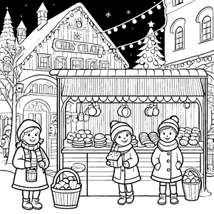 Fröhliche Kinder am bunten Weihnachtsmarkt Ausmalmotiv für kleine Entdecker