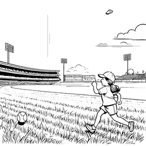 Dynamisches Mädchen mit Baseball im Stadion Ausmalbild für begeisterte Sportler