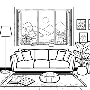 Bezauberndes Dreisitzer-Sofa im gemütlichen Wohnzimmer Ausmalvorlage für kreative Raumgestalter