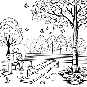 Schöne Gartenbank unter schattenspendendem Baum Ausmalvorlage für fantasievolle Naturfreunde
