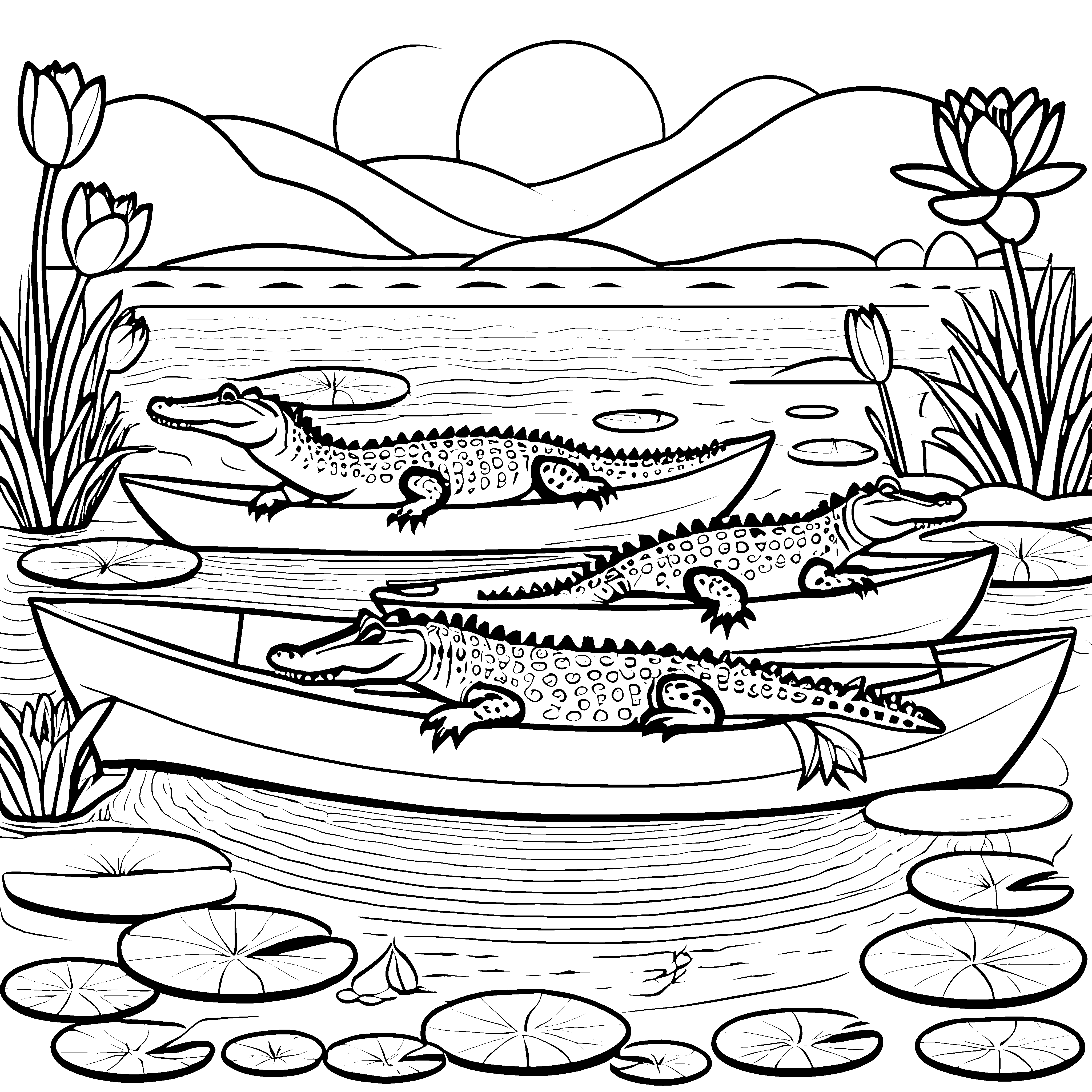 Kreative Krokodile auf abenteuerlicher Bootstour Ausmalvorlage für junge Entdecker