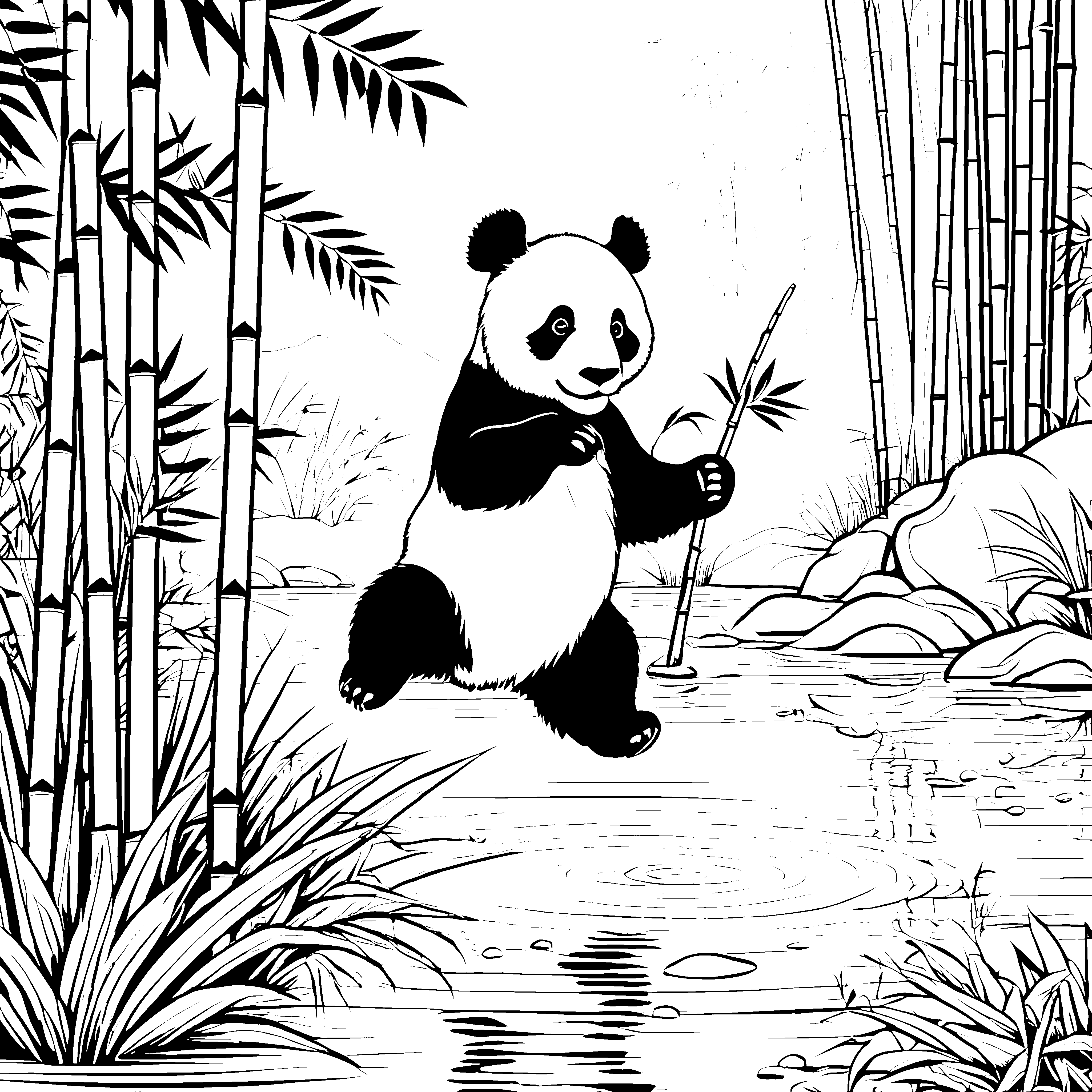 Fröhlicher Panda beim Spielen am ruhigen Fluss Ausmalbild für neugierige Naturfreunde