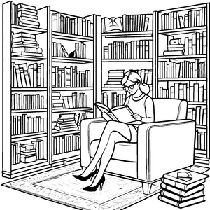 Faszinierende Bibliothekarin vertieft in Geschichten Malvorlage für kreative Bücherfreunde