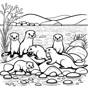 Verspielte Otterfamilie am glitzernden Wasser Malvorlage für neugierige Entdecker