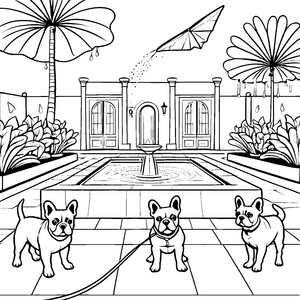 Spaßige Französische Bulldoggen im blühenden Innenhof Ausmalvorlage für kreative Hundeentdecker