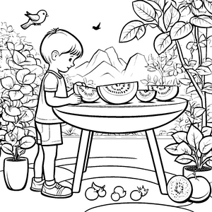 Fröhlicher Junge schneidet frische Cantaloupe-Melonen Ausmalbild für kleine Küchenzauberer