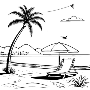 Sonnenverwöhnte Strandliege unter palmenbedecktem Himmel Ausmalvorlage für entspannte Strandliebhaber
