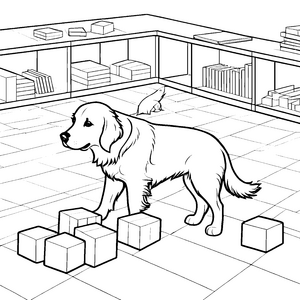 Verspielter Golden Retriever mit bunten Bausteinen Ausmalmotiv für neugierige Entdecker