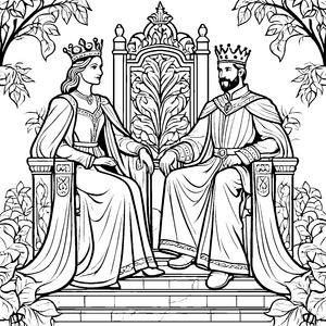 Majestätisches Königspaar auf thronförmigen Sitzen Ausmalvorlage für kleine Herrscher