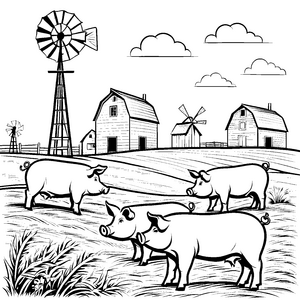 Fröhliche Schweine auf der Bauernhofwiese Ausmalvorlage für kleine Naturfreunde