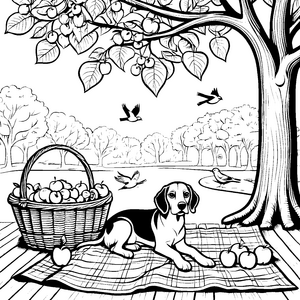 Beagle bei fröhlichem Picknick im Apfelgarten Ausmalmotiv für kleine Naturentdecker