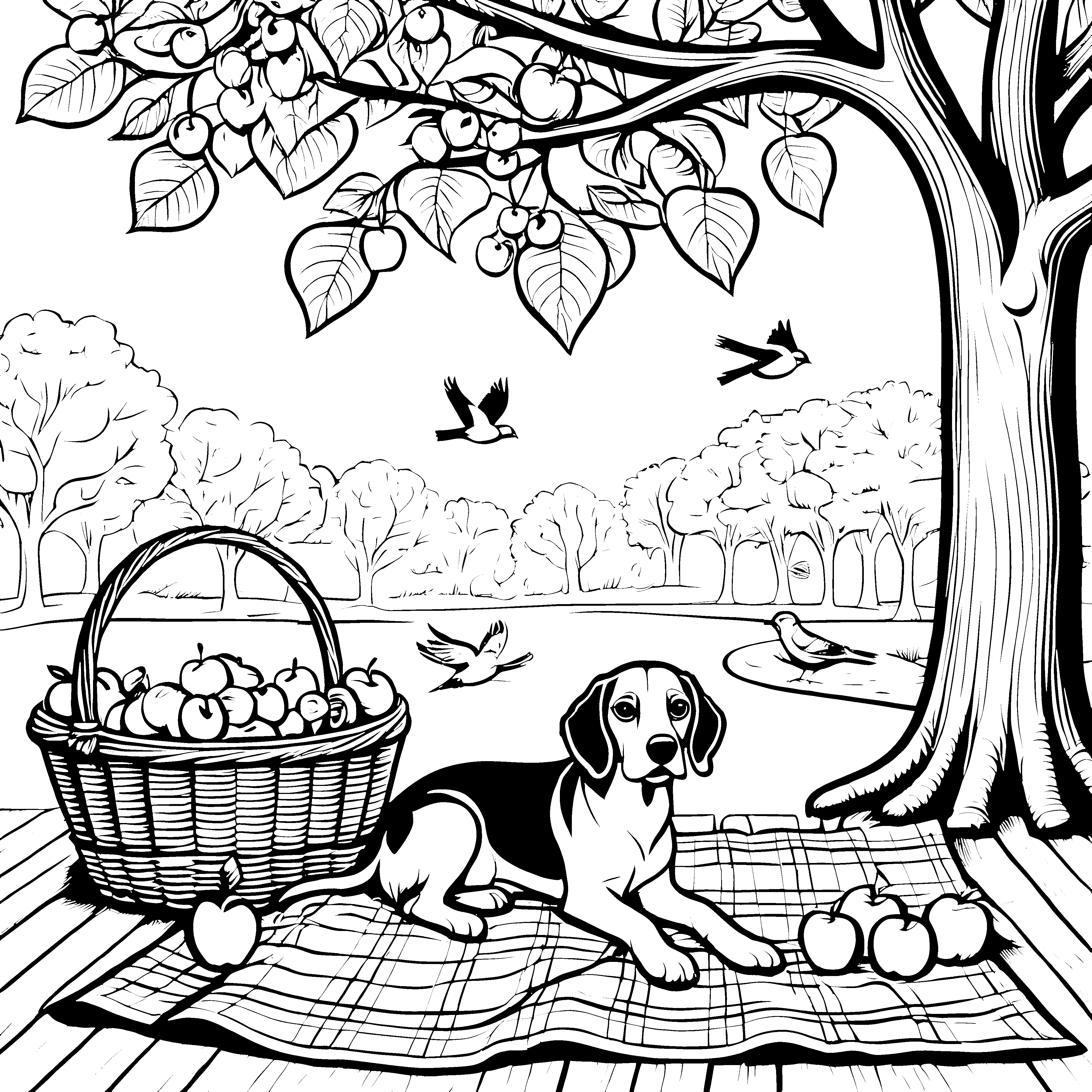 Beagle bei fröhlichem Picknick im Apfelgarten Ausmalmotiv für kleine Naturentdecker