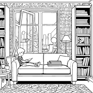 Gemütliches Retro-Sofa in stilvoller Leseecke Ausmalvorlage für kreative Bücherwürmer